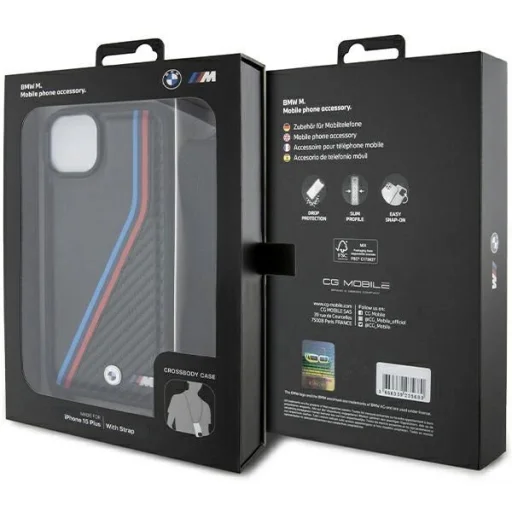  iPhone 15 Plus / 14 Plus fekete BMW M Edition Carbon Tricolor Lines & Strap tok - 7