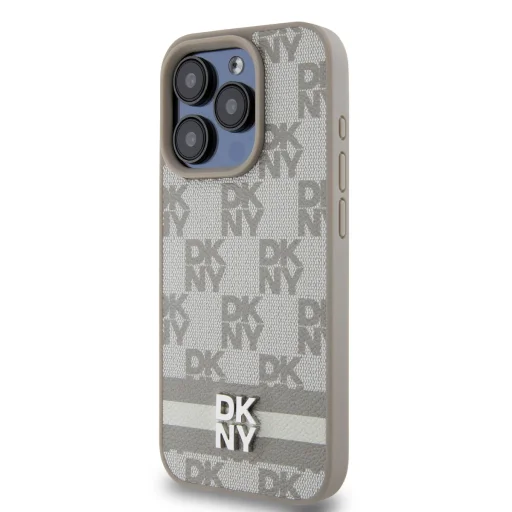 DKNY PU bőr kockás és csíkos tok iPhone 14 Pro Max-hoz Bézs - 3