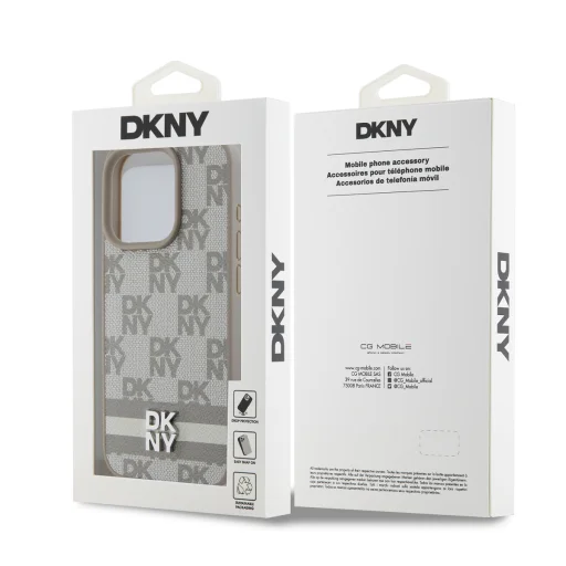 DKNY PU Bőrből Készült Kockás és Csíkos Mintájú Tok iPhone 13 Pro-hoz Bézs - 6