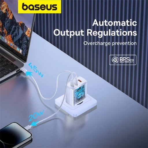 Baseus OS-Cube Pro hálózati töltő, 2xUSB-C + USB, 65W (fehér) - 7