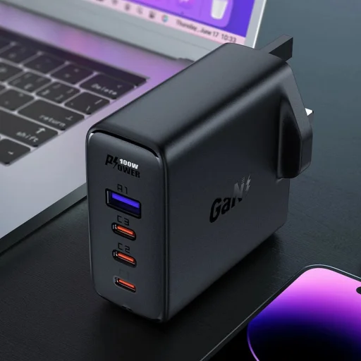 Gyors töltő GaN UK 100W Power Delivery 3x USB C 1x USB - fekete - 3