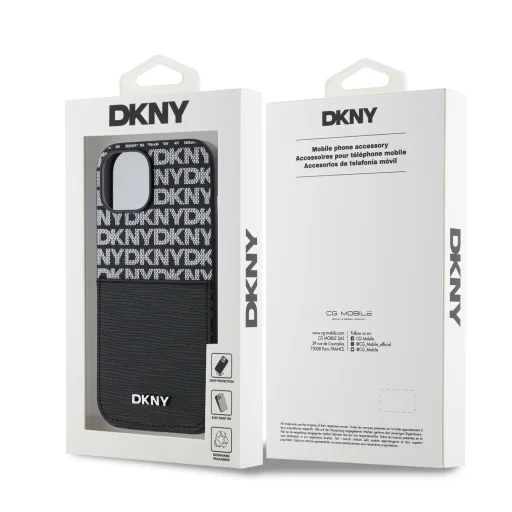 DKNY PU bőr ismétlődő mintás kártyatartó tok iPhone 15 fekete - 6