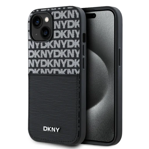DKNY PU bőr ismétlődő mintás kártyatartó tok iPhone 15 fekete - 1