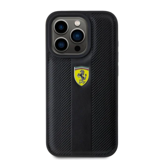 Ferrari PU bőr Hot Stamp Groove mintázatú tok iPhone 15 Pro fekete - 3