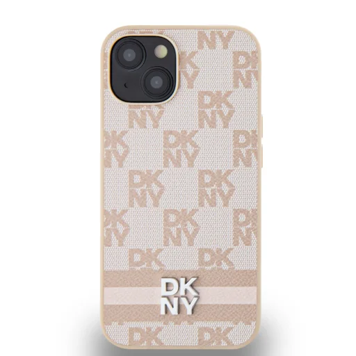 DKNY PU Bőr Kockás Mintás és Csíkos iPhone 14 tok Rózsaszín - 2