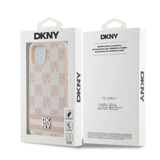 DKNY PU Bőr Kockás Mintás és Csíkos iPhone 14 tok Rózsaszín - 6