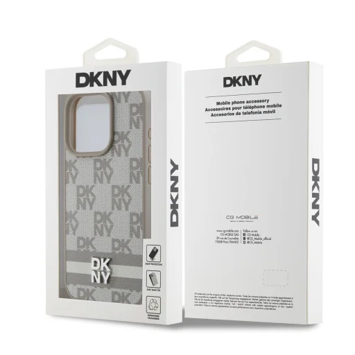 DKNY PU bőr kockás és csíkos tok iPhone 14 Pro Max-hoz Bézs - 6