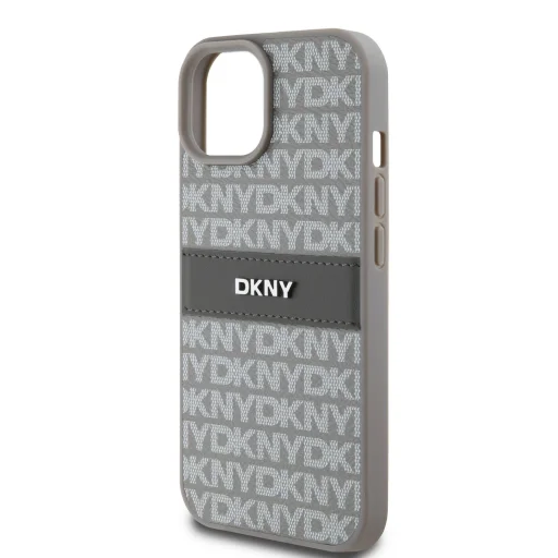 DKNY PU bőr ismétlődő minta tónusú csíkos tok iPhone 15 Bézs - 4