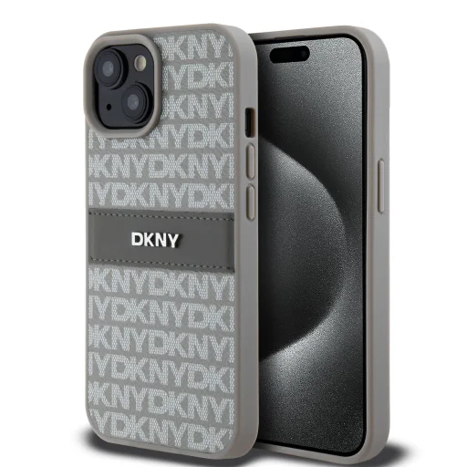 DKNY PU bőr ismétlődő minta tónusú csíkos tok iPhone 15 Bézs - 1