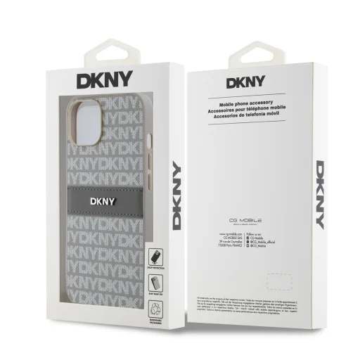 DKNY PU Bőr Ismétlődő Minta Tonális Csík Tok iPhone 14 Bézs - 6