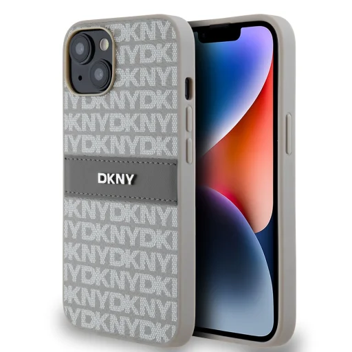 DKNY PU Bőr Ismétlődő Minta Tonális Csík Tok iPhone 14 Bézs - 1