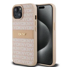 DKNY PU bőr ismétlődő minta tónusos csík iPhone 15 tok rózsaszín