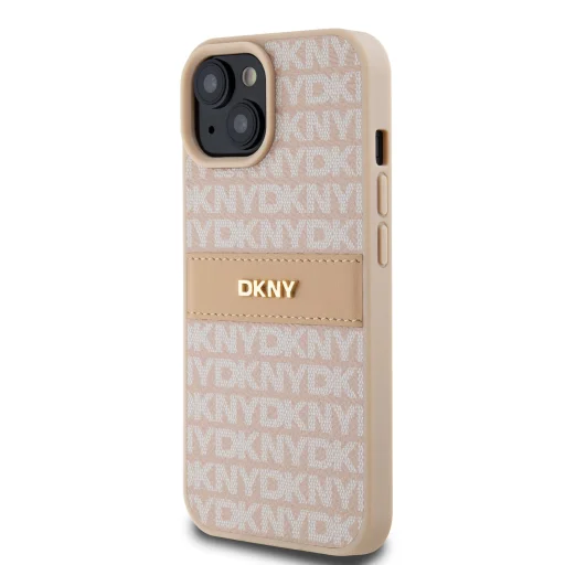 DKNY PU bőr ismétlődő minta tónusos csík iPhone 15 tok rózsaszín - 3