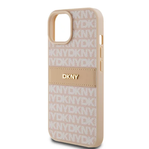 DKNY PU bőr ismétlődő minta tónusos csík iPhone 15 tok rózsaszín - 4