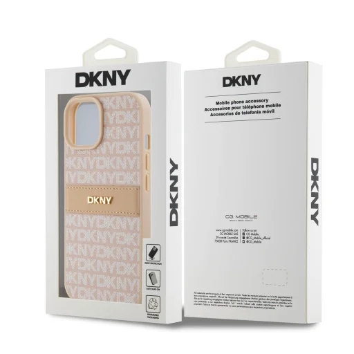 DKNY PU bőr ismétlődő minta tónusos csík iPhone 15 tok rózsaszín - 6