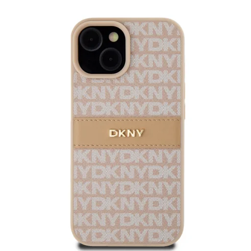 DKNY PU bőr ismétlődő minta tónusos csík iPhone 15 tok rózsaszín - 2