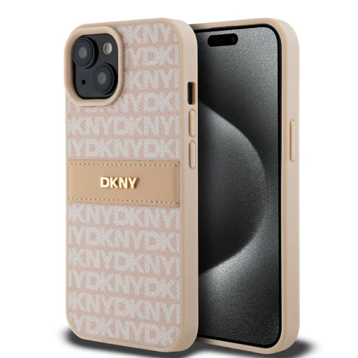 DKNY PU bőr ismétlődő minta tónusos csík iPhone 15 tok rózsaszín - 1