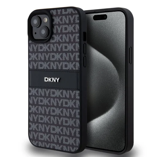DKNY PU Leather Repeat Pattern Tonal Stripe tok iPhone 15 Plus fekete - 1