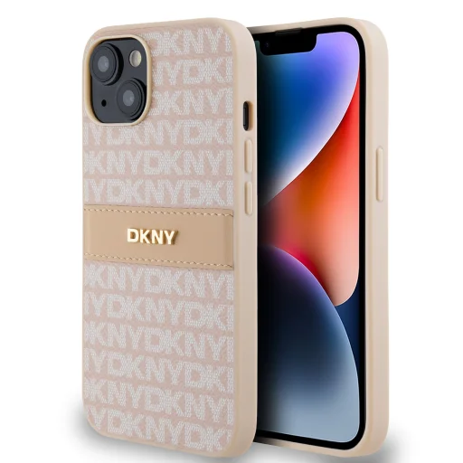 DKNY PU bőrmintás csíkos fliptok iPhone 14 Pink - 1