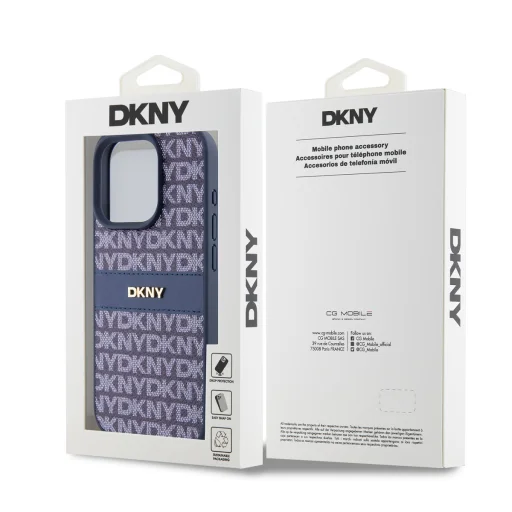DKNY PU bőr ismétlődő mintás tónusos csíkos tok iPhone 14 Pro Max kék - 6