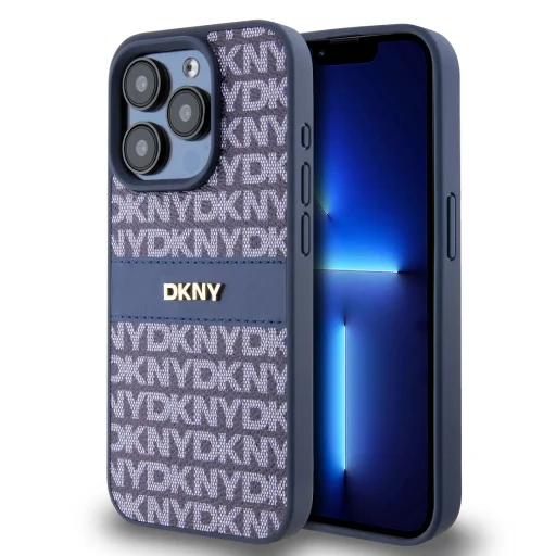 DKNY PU bőr ismétlődő mintás tónusos csíkos tok iPhone 14 Pro Max kék - 1