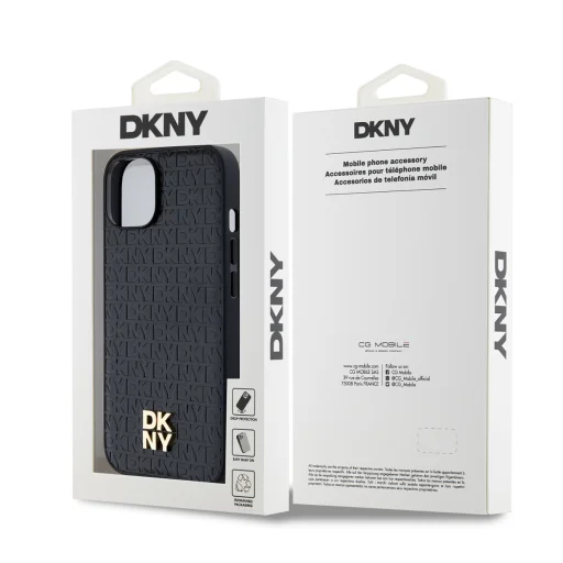 DKNY PU Bőr Ismétlődő Minta Stack Logó MagSafe iPhone 14 tok Fekete - 6