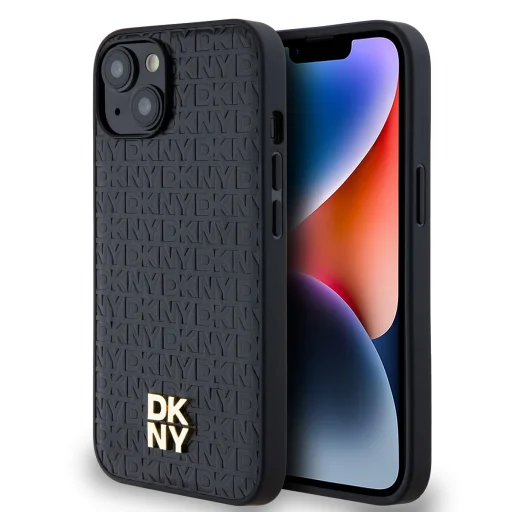 DKNY PU Bőr Ismétlődő Minta Stack Logó MagSafe iPhone 14 tok Fekete - 1