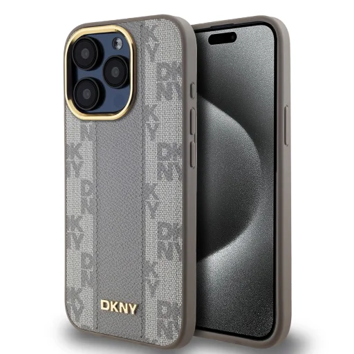 DKNY PU bőr kockás mintás Magsafe tok iPhone 15 Pro Max készülékhez bézs - 1