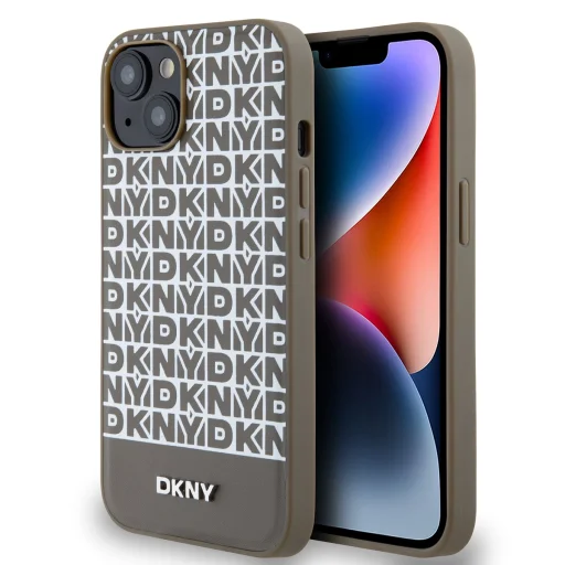 DKNY PU bőrből készült ismétlődő mintás alsó csíkkal ellátott MagSafe iPhone 14 tok barna - 1