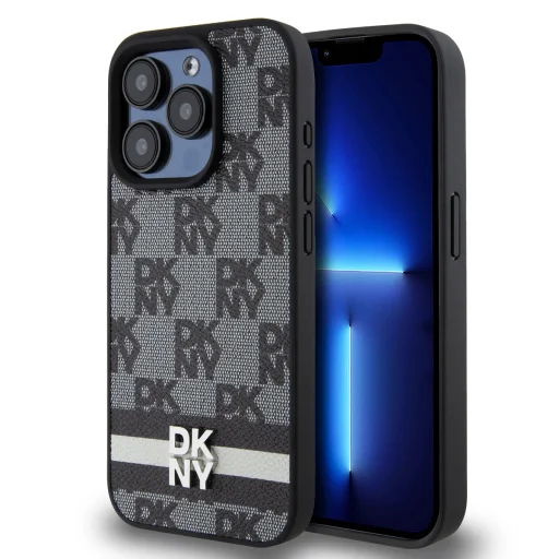 DKNY PU Bőr Kockás Minta és Csíkos tok iPhone 13 Pro Max Fekete - 1