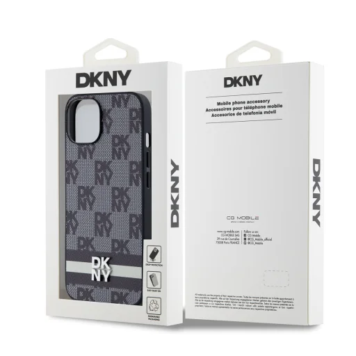 DKNY PU bőr kockás minta és csíkos tok iPhone 14 fekete - 6