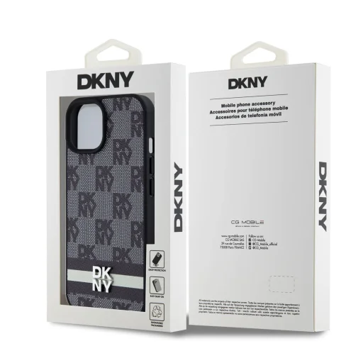 DKNY PU bőr Kockás Minta és Csíkos iPhone 15 tok Fekete - 6
