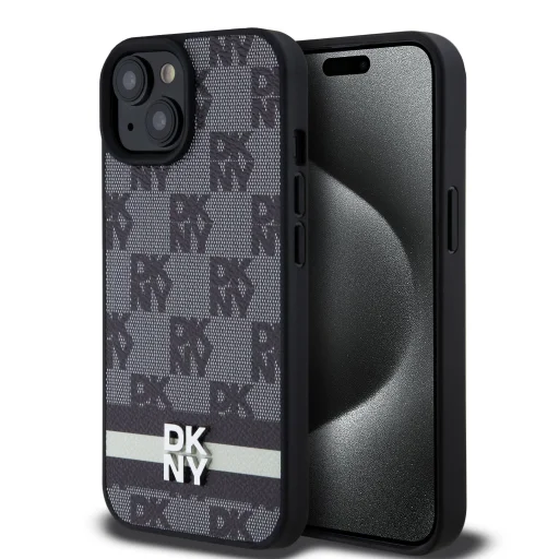 DKNY PU bőr Kockás Minta és Csíkos iPhone 15 tok Fekete - 1
