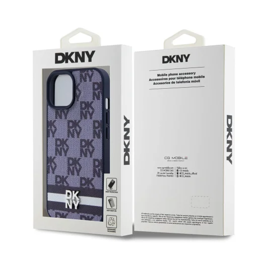 DKNY PU Bőr Kockás Minta és Csíkos iPhone 15 Tok Kék - 6