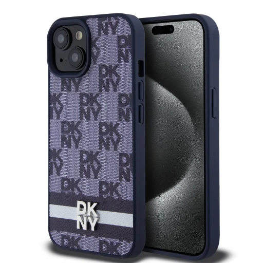 DKNY PU Bőr Kockás Minta és Csíkos iPhone 15 Tok Kék - 1