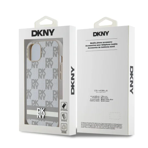 DKNY PU Bőr Kockás Minta és Csíkos iPhone 13 tok Bézs - 6