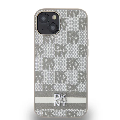 DKNY PU bőr kockás mintás és csíkos tok iPhone 15-höz bézs - 2