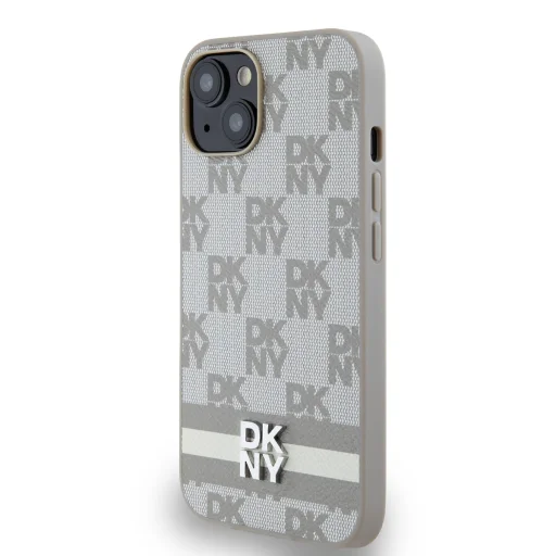 DKNY PU bőr kockás mintás és csíkos tok iPhone 15-höz bézs - 3