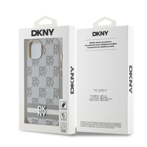 DKNY PU bőr kockás mintás és csíkos tok iPhone 15-höz bézs - 6