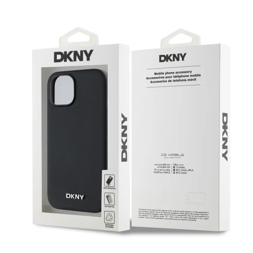 DKNY PU Bőr Ezüst Fém Logós Magsafe Tok iPhone 15 Fekete - 6