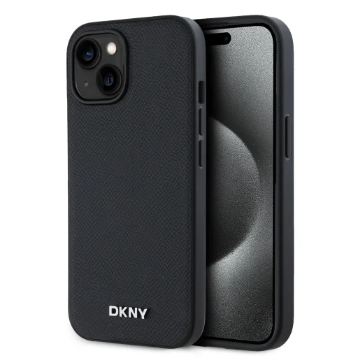 DKNY PU Bőr Ezüst Fém Logós Magsafe Tok iPhone 15 Fekete - 1