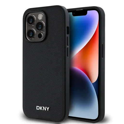 DKNY PU Bőr Ezüst Fém Logós Magsafe Tok iPhone 14 Pro-hoz Fekete - 1