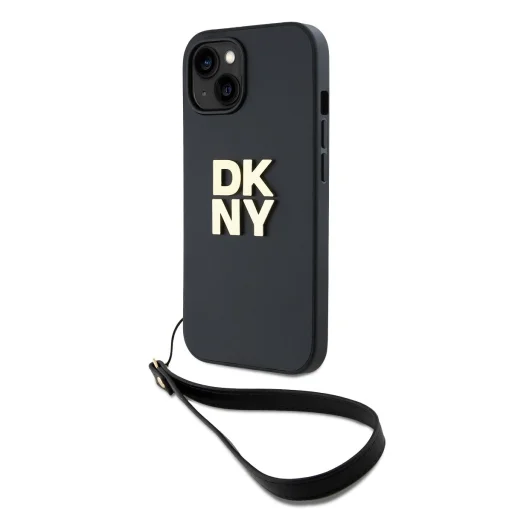 DKNY PU bőr Stack logós csuklópántos tok iPhone 14-hez fekete - 2