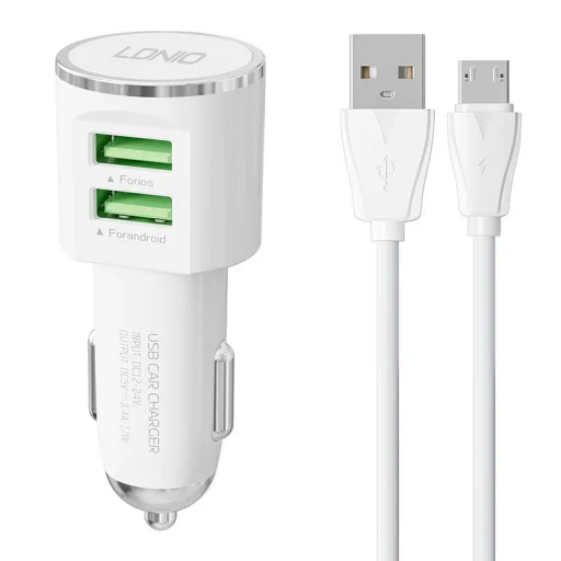 LDNIO DL-C29 autós töltő, 2x USB, 3.4A + Micro USB kábel (fehér) - 1