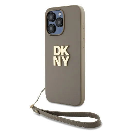 DKNY PU bőr Stack Logo csuklópántos tok iPhone 14 Pro Max Bézs - 2
