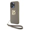 DKNY PU bőr Stack Logo csuklópántos tok iPhone 15 Pro Bézs thumbnail
