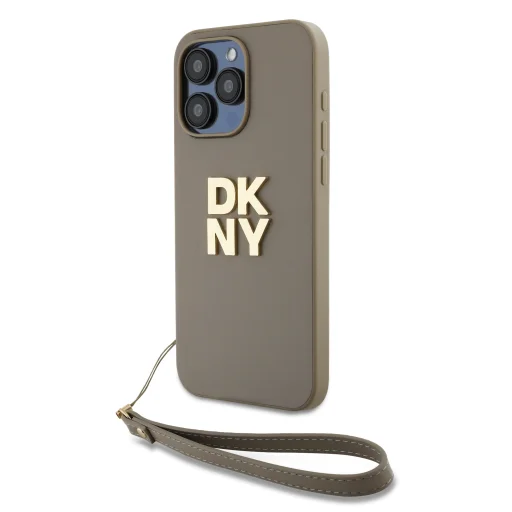 DKNY PU bőr Stack Logo csuklópántos tok iPhone 15 Pro Bézs - 2