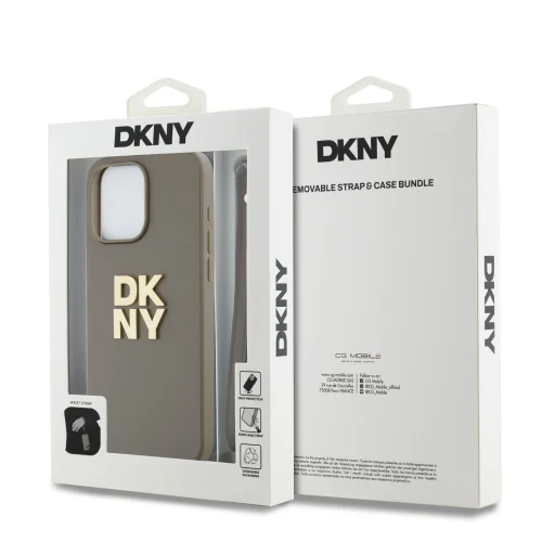 DKNY PU bőr Stack Logo csuklópántos tok iPhone 15 Pro Bézs - 5
