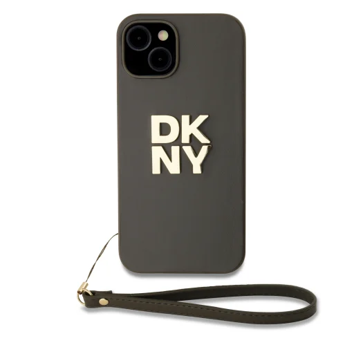  iPhone 14 Barna DKNY PU bőrből készült Stack Logo csuklópántos tok - 1