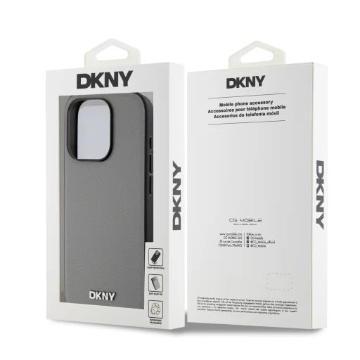 DKNY PU bőrből készült ezüst fém logós Magsafe tok iPhone 15 Pro-hoz, szürke - 6